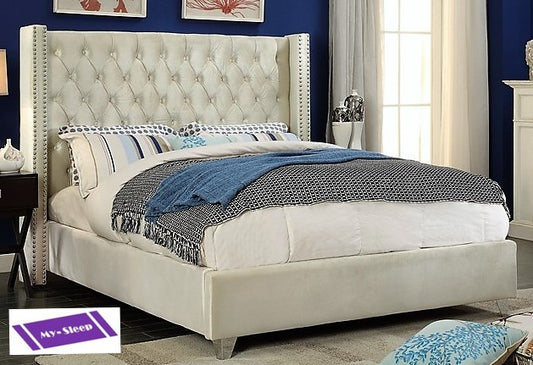 QUEEN SIZE- (5892 CREAM)- VELVET FABRIC- BED FRAME- WITH SLATS