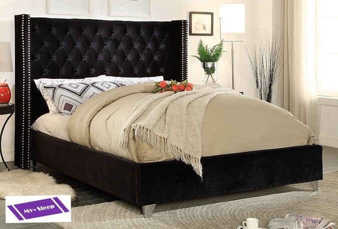 KING SIZE- (5893 BLACK)- VELVET FABRIC- BUTTON TUFTED- BED FRAME- WITH SLATS