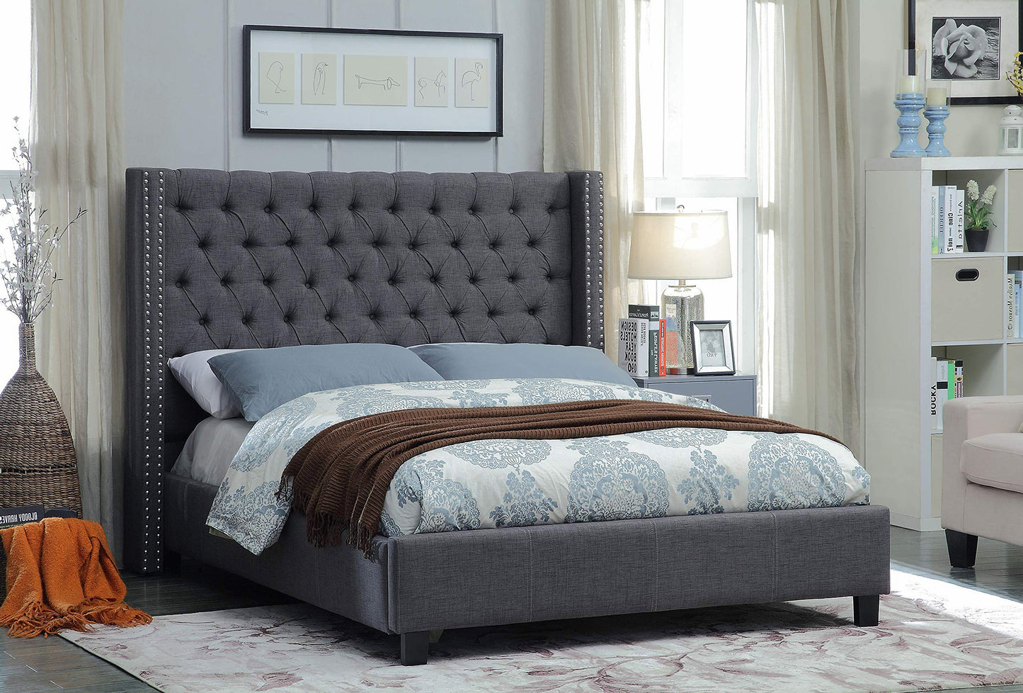 KING SIZE- (5897 GREY)- BUTTON TUFTED- FABRIC BED FRAME- WITH SLATS