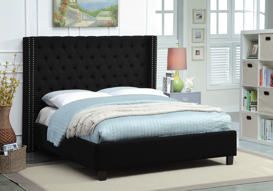 QUEEN SIZE- (5899 BLACK)- FABRIC- BUTTON TUFTED- BED FRAME- WITH SLATS