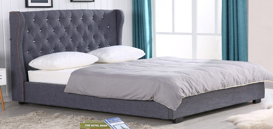 KING SIZE- 6100- GREY COLOR- FABRIC- BED FRAME- WITH CRYSTALS HEADBOARD & WITH SLATS
