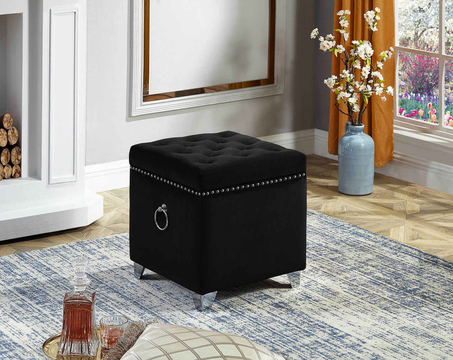 (6296 BLACK)- VELVET FABRIC OTTOMAN- WITH STORAGE- OUT OF STOCK UNTIL FEBRUARY 11, 2024