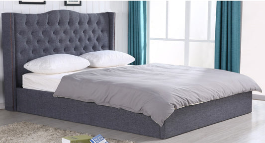 KING SIZE- 6350- GREY COLOR- FABRIC- BED FRAME- WITH SLATS