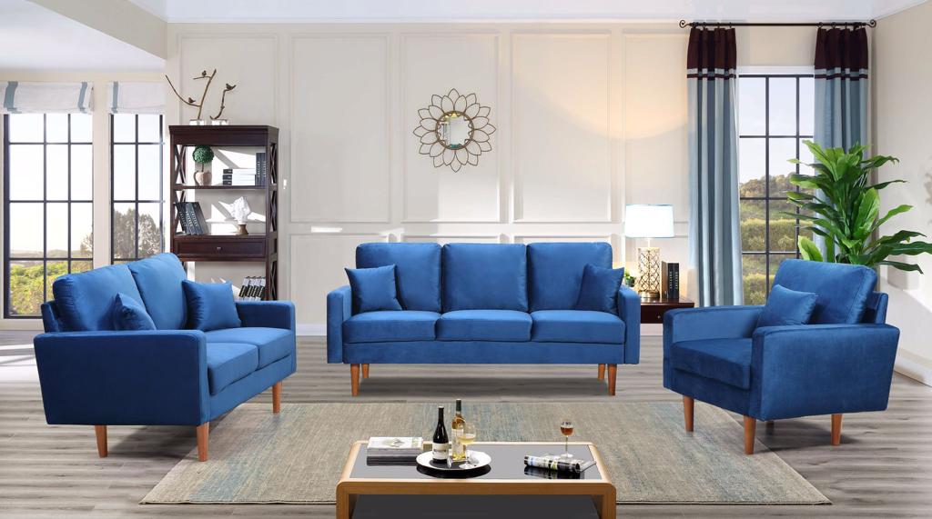 (7011 BLUE SLC)- VELVET FABRIC- SOFA- WITH LOVESEAT AND CHAIR