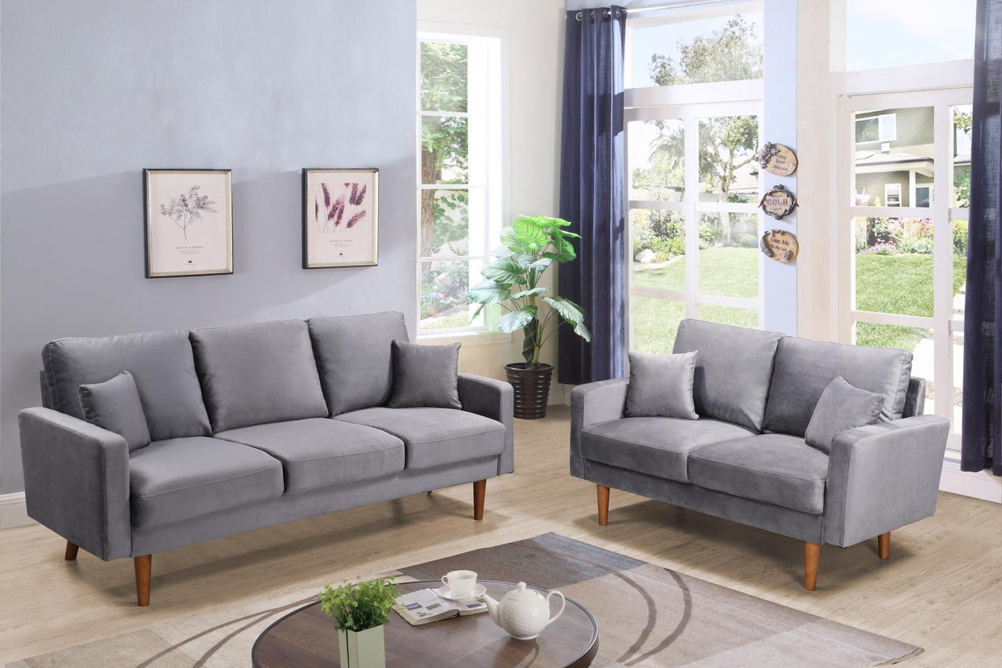 (7011 GREY SLC)- VELVET FABRIC- SOFA- WITH LOVESEAT AND CHAIR