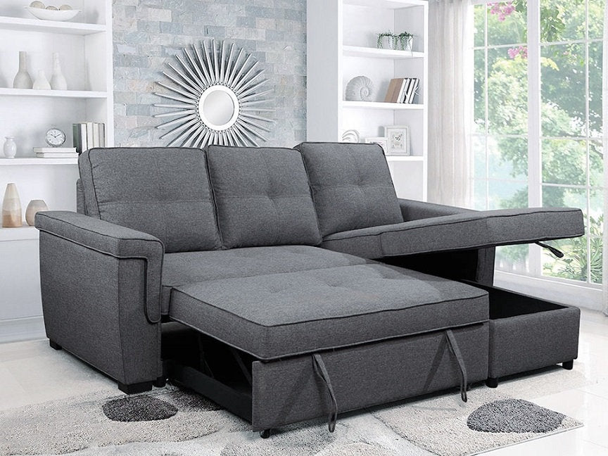 (9040 GREY)- FABRIC- REVERSIBLE- SECTIONAL SOFA- WITH PULL OUT BED