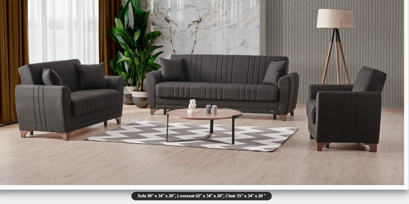 (ALVINA BLACK- 3)- FABRIC SOFA- WITH LOVESEAT AND CHAIR