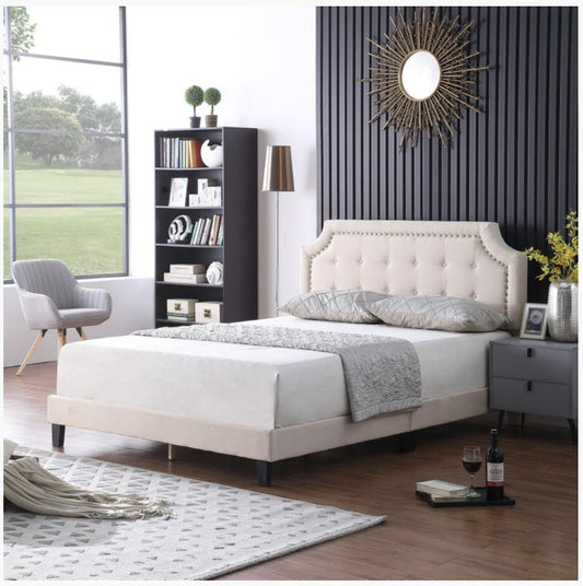 QUEEN SIZE- (rayan BEIGE)- FABRIC- BUTTON TUFTED- BED FRAME- WITH SLATS
