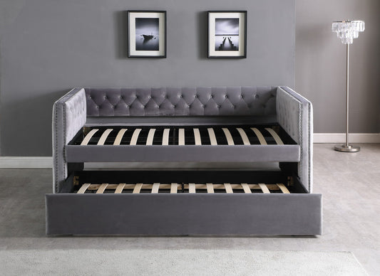 TWIN (SINGLE) SIZE- (BIBO GREY)- FABRIC- DAY BED- WITH TRUNDLE