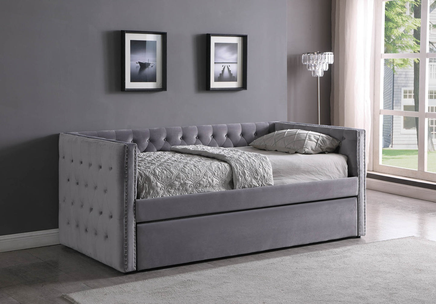 TWIN (SINGLE) SIZE- (BIBO GREY)- FABRIC- DAY BED- WITH TRUNDLE
