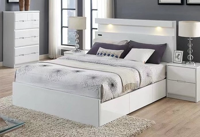 QUEEN SIZE- (CRADLE WHITE) - WOOD BED FRAME- WITH DRAWERS - WITH LIGHTS
