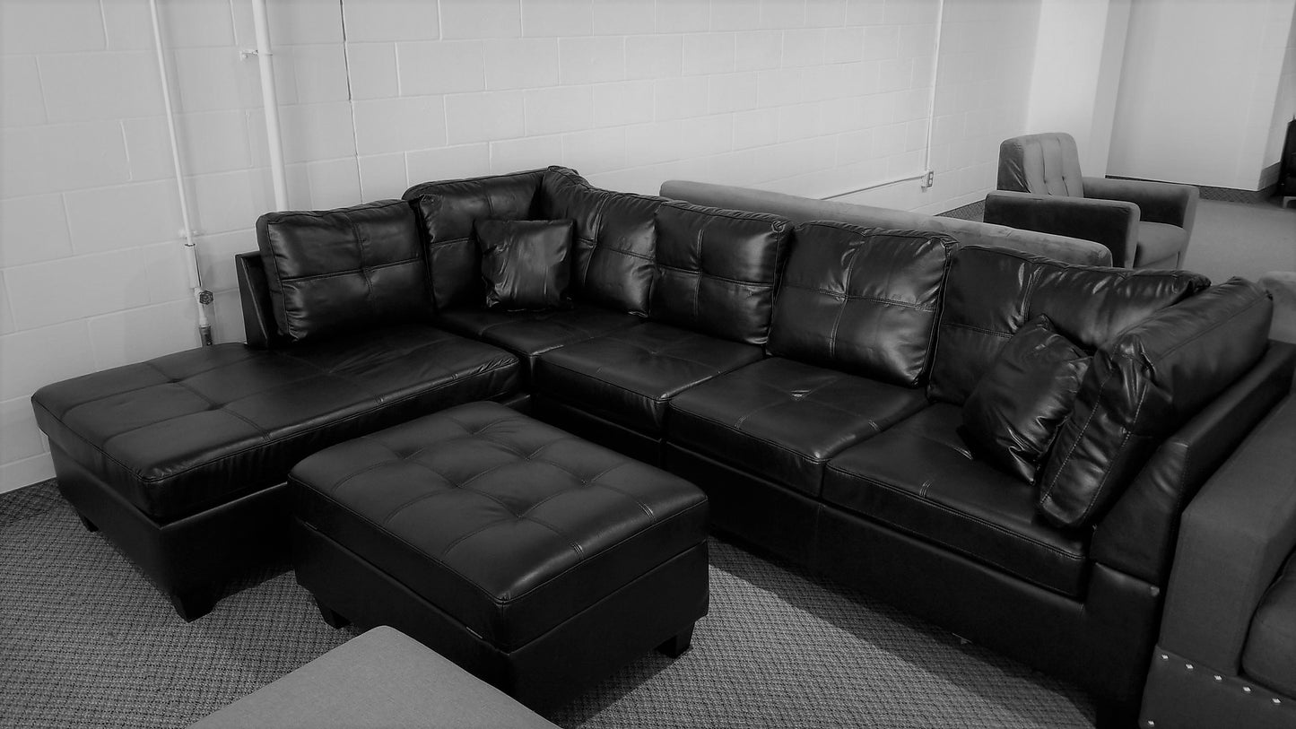 (COLLEGE BLACK)- GEL LEATHER- REVERSIBLE- SECTIONAL SOFA- WITH STORAGE OTTOMAN
