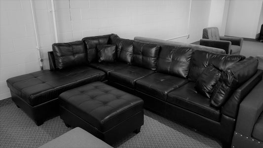 (COLLEGE BLACK)- GEL LEATHER- REVERSIBLE- SECTIONAL SOFA- WITH STORAGE OTTOMAN