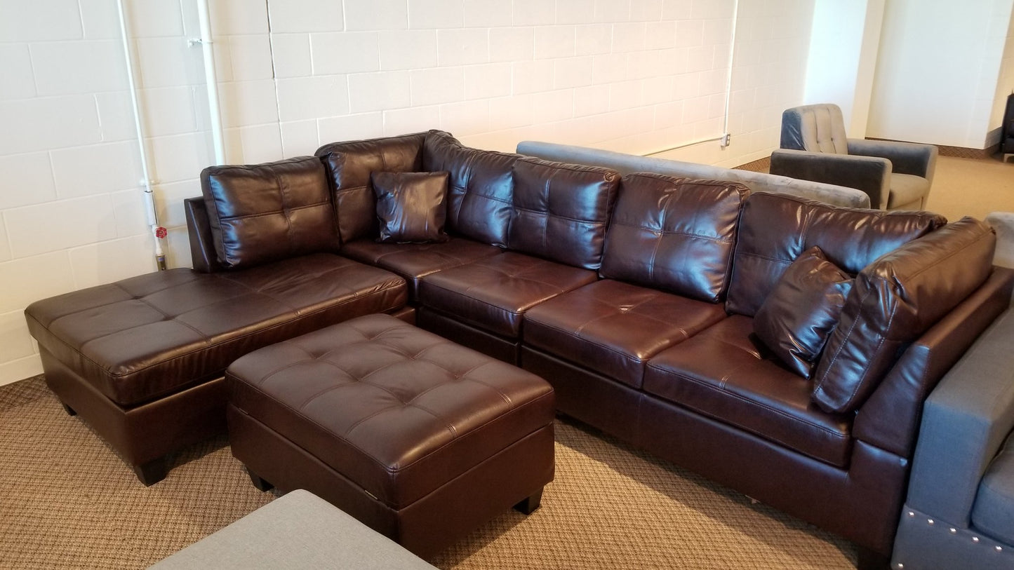 (COLLEGE ESPRESSO)- GEL LEATHER- REVERSIBLE- SECTIONAL SOFA- WITH STORAGE OTTOMAN