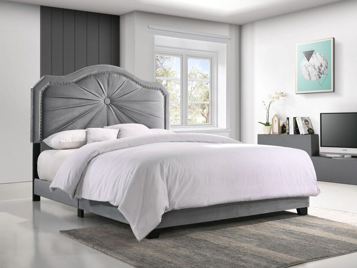 KING SIZE- (EMBLA GREY)- VELVET FABRIC BED FRAME- (BOXSPRING REQUIRED)