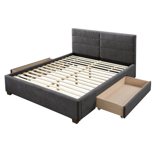 QUEEN SIZE- (EMILIO CHARCOAL)- FABRIC- BED FRAME- WITH DRAWERS ON 2 SIDES