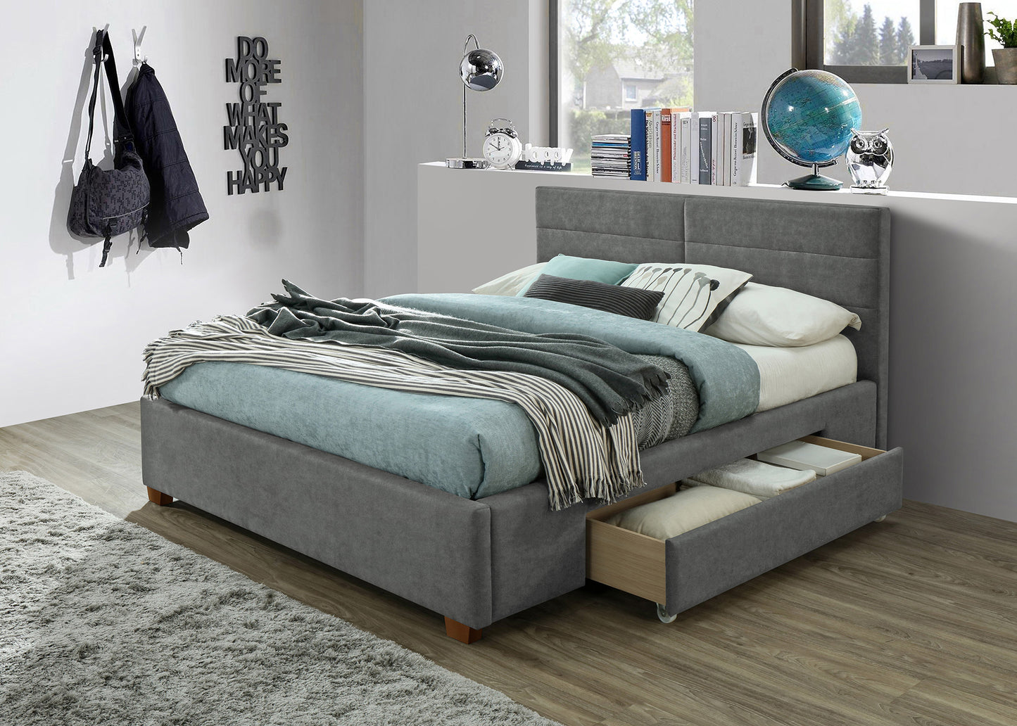 KING SIZE- (EMILIO LIGHT GREY)- FABRIC- BED FRAME- WITH DRAWERS ON 2 SIDES