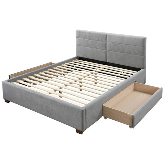 QUEEN SIZE- (EMILIO LIGHT GREY)- FABRIC- BED FRAME- WITH DRAWERS ON 2 SIDES