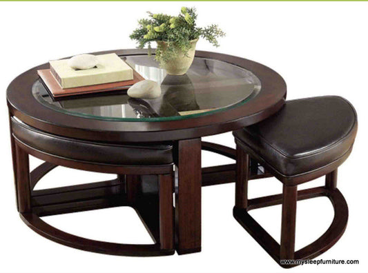 7982- EMMA- ROUND- GLASS- COFFEE TABLE- WITH 4 STOOLS