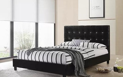 DOUBLE (FULL) SIZE- (GLARE BLACK)- LEATHER- CRYSTAL TUFTED- BED FRAME- WITH SLATS