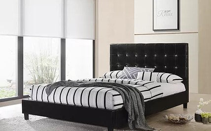 QUEEN SIZE- (GLARE BLACK)- LEATHER- CRYSTAL TUFTED- BED FRAME- WITH SLATS