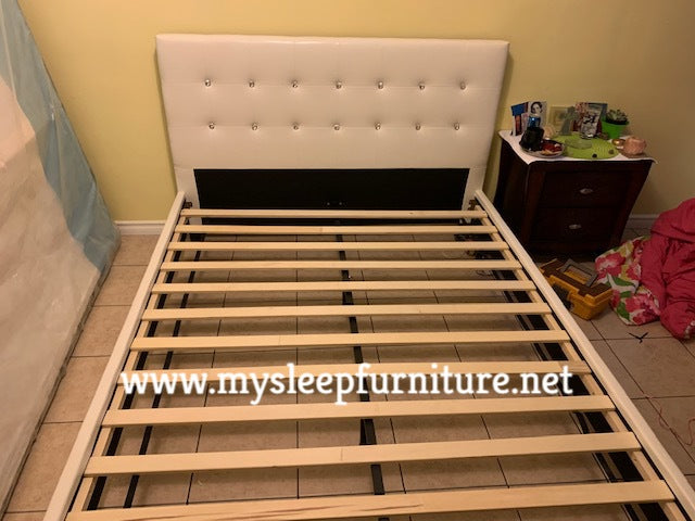 QUEEN SIZE- (GLARE WHITE)- LEATHER- CRYSTAL TUFTED- BED FRAME- WITH SLATS