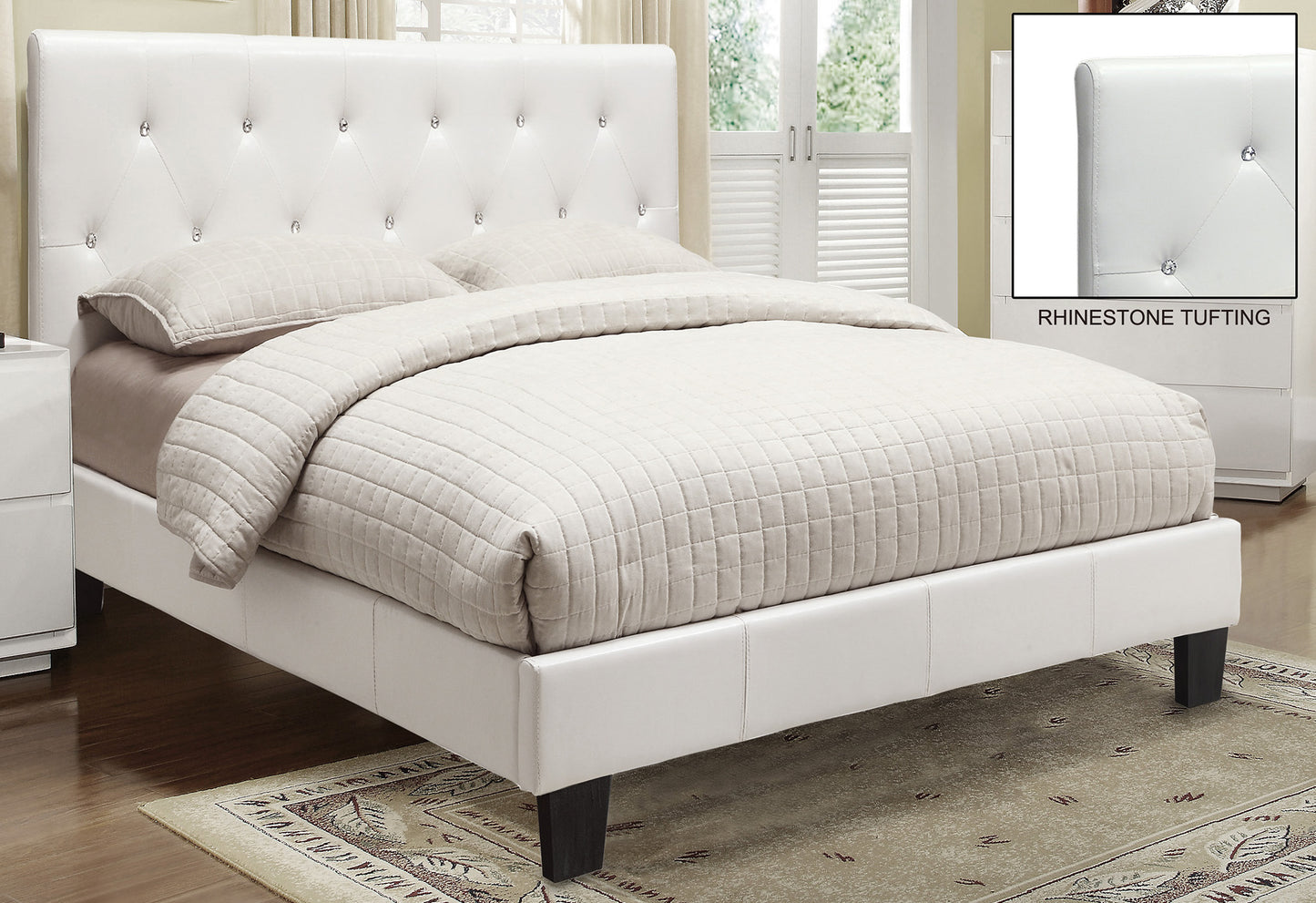 DOUBLE (FULL) SIZE- (GLITZ DISCO WHITE)- LEATHER- CRYSTAL TUFTED- BED FRAME- WITH SLATS- INVENTORY CLEARANCE