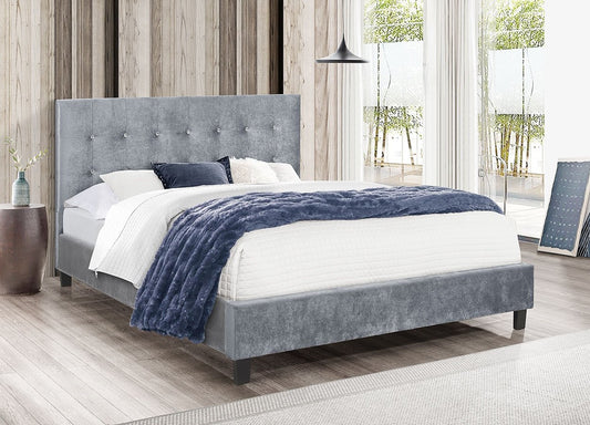 KING SIZE- (GLARE GREY)- CRYSTAL TUFTED- VELVET FABRIC BED FRAME- WITH SLATS