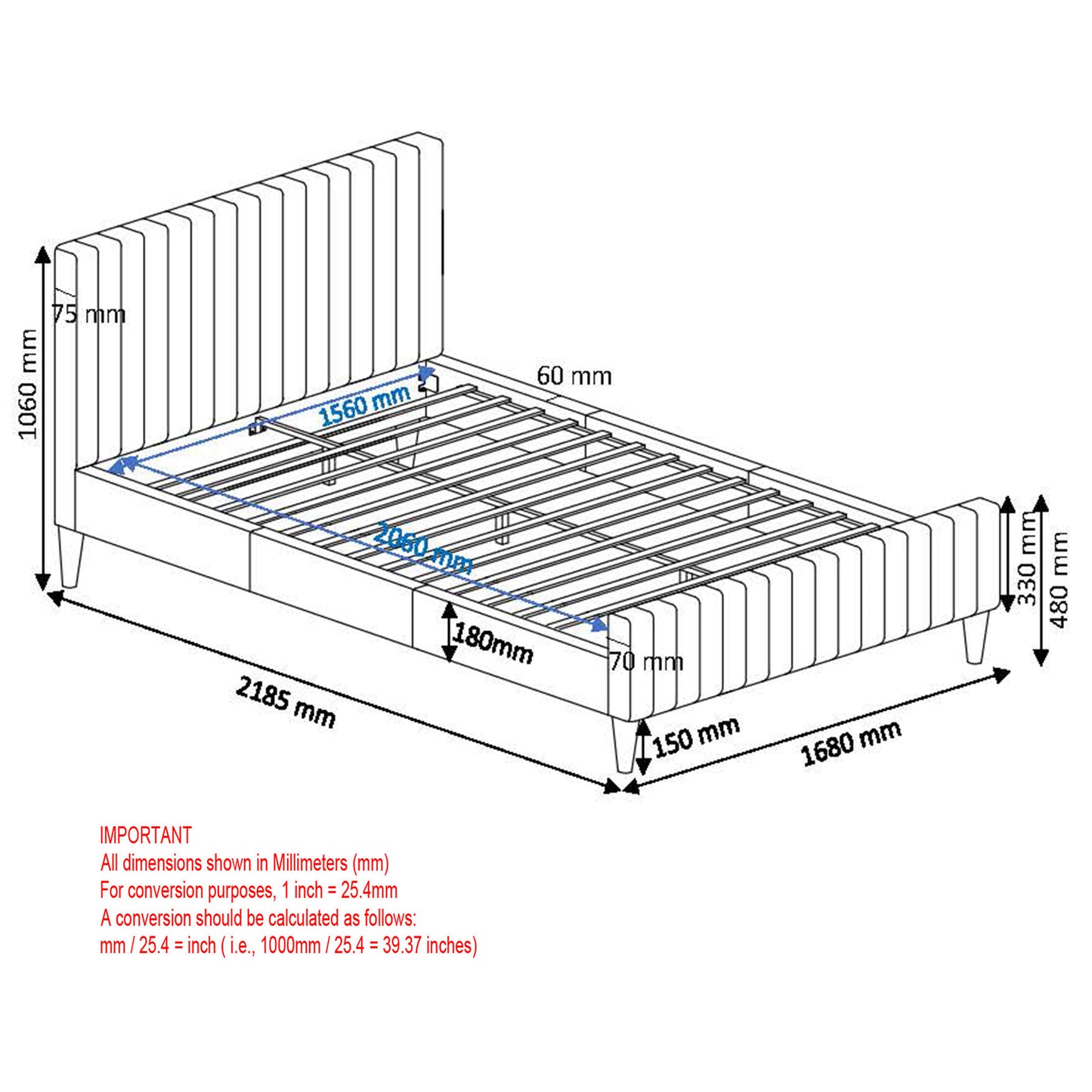 QUEEN SIZE- (HANNAH CHARCOAL)- FABRIC- BED FRAME- WITH SLATS