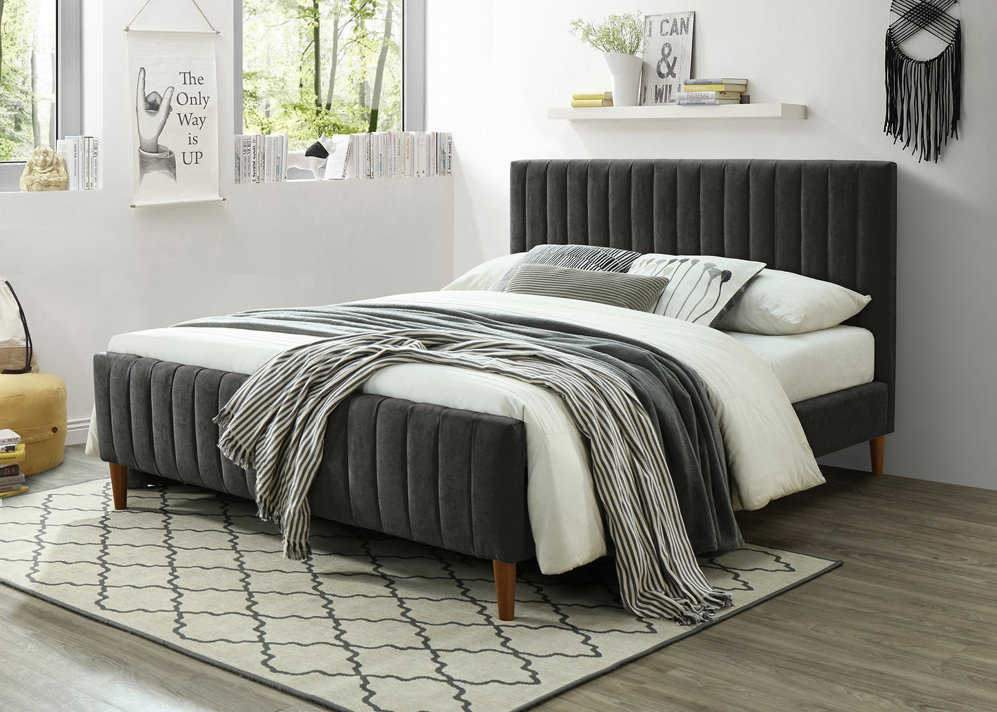 QUEEN SIZE- (HANNAH CHARCOAL)- FABRIC- BED FRAME- WITH SLATS