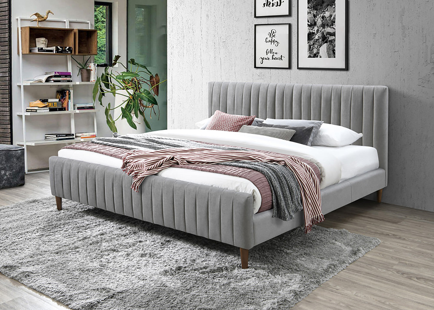 KING SIZE- (HANNAH LIGHT GREY) - FABRIC - BED FRAME- WITH SLATS