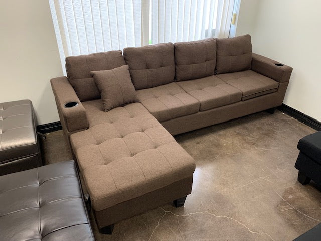 (6212 BROWN)- FABRIC- REVERSIBLE- SECTIONAL SOFA- WITH CUPHOLDERS