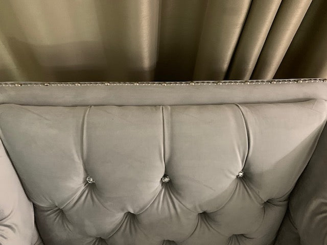 (4402C GREY- 1)- VELVET FABRIC- CRYSTAL TUFTED- CANADIAN MADE- SOFA- (DELIVERY AFTER 3 WEEKS)