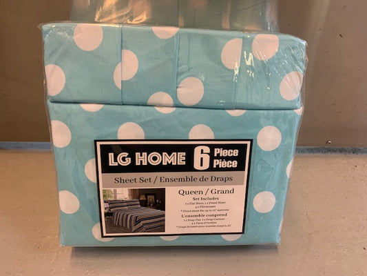 QUEEN SIZE- (LG HOME LIGHT BLUE POLKA DOT PRINT)- 6 PC. SHEET SET