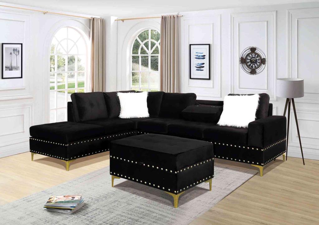 (IVY BLACK)- FABRIC- REVERSIBLE- SECTIONAL SOFA- WITH STORAGE OTTOMAN