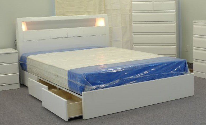 QUEEN SIZE- (KURARA WHITE) - WOOD BED FRAME - WITH DRAWERS - WITH LIGHT