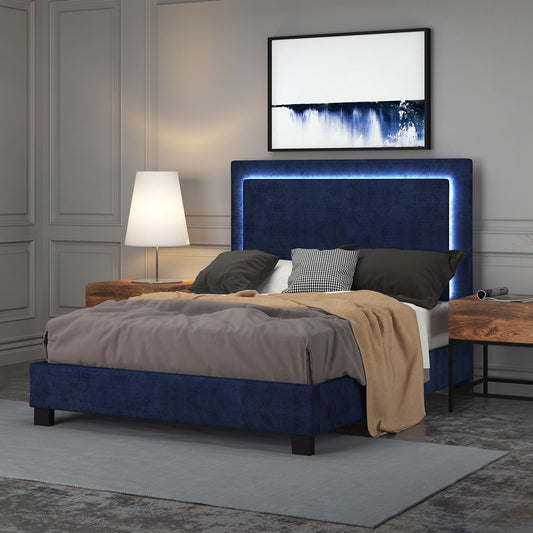 Queen Size- (Lumina Blue with light)-  Fabric- Bed Frame- with slats