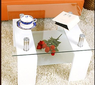 (2013 WHITE)- GLASS ACCENT SIDE TABLE- WITH SHELF- INVENTORY CLEARANCE