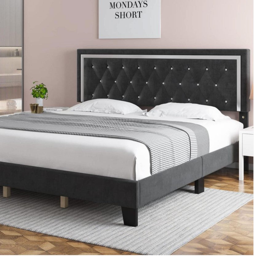 DOUBLE (FULL) SIZE- (LANE black)- VELVET FABRIC - CRYSTAL TUFTED- BED FRAME- WITH SLATS