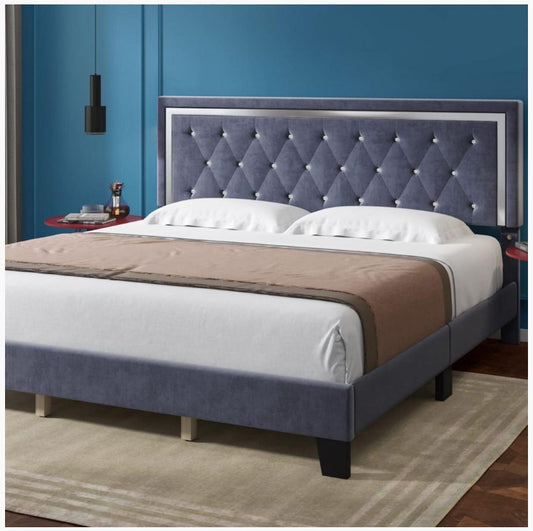 QUEEN SIZE- (LANE GREY)- VELVET FABRIC - CRYSTAL TUFTED- BED FRAME- WITH SLATS