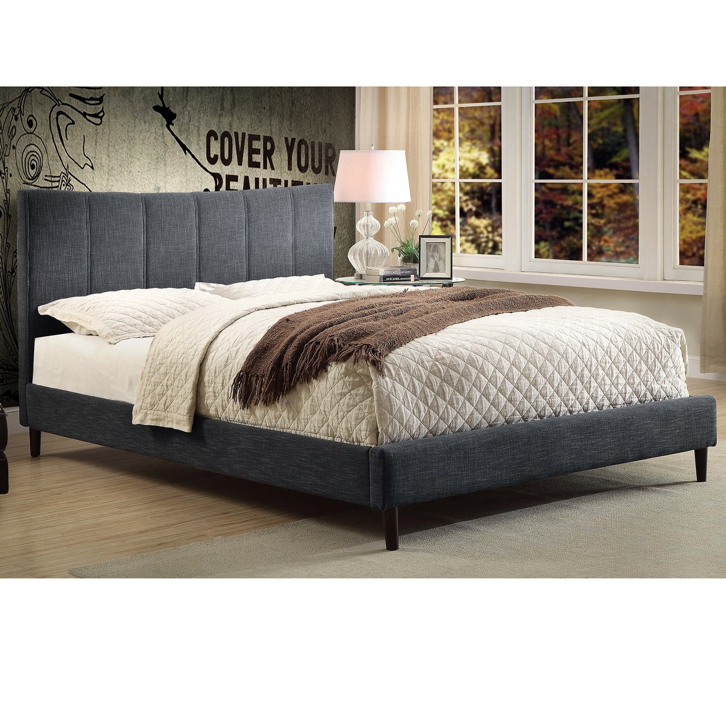 DOUBLE (FULL) SIZE- (RIMO GREY) - LINEN FABRIC - BED FRAME- WITH SLATS- INVENTORY CLEARANCE