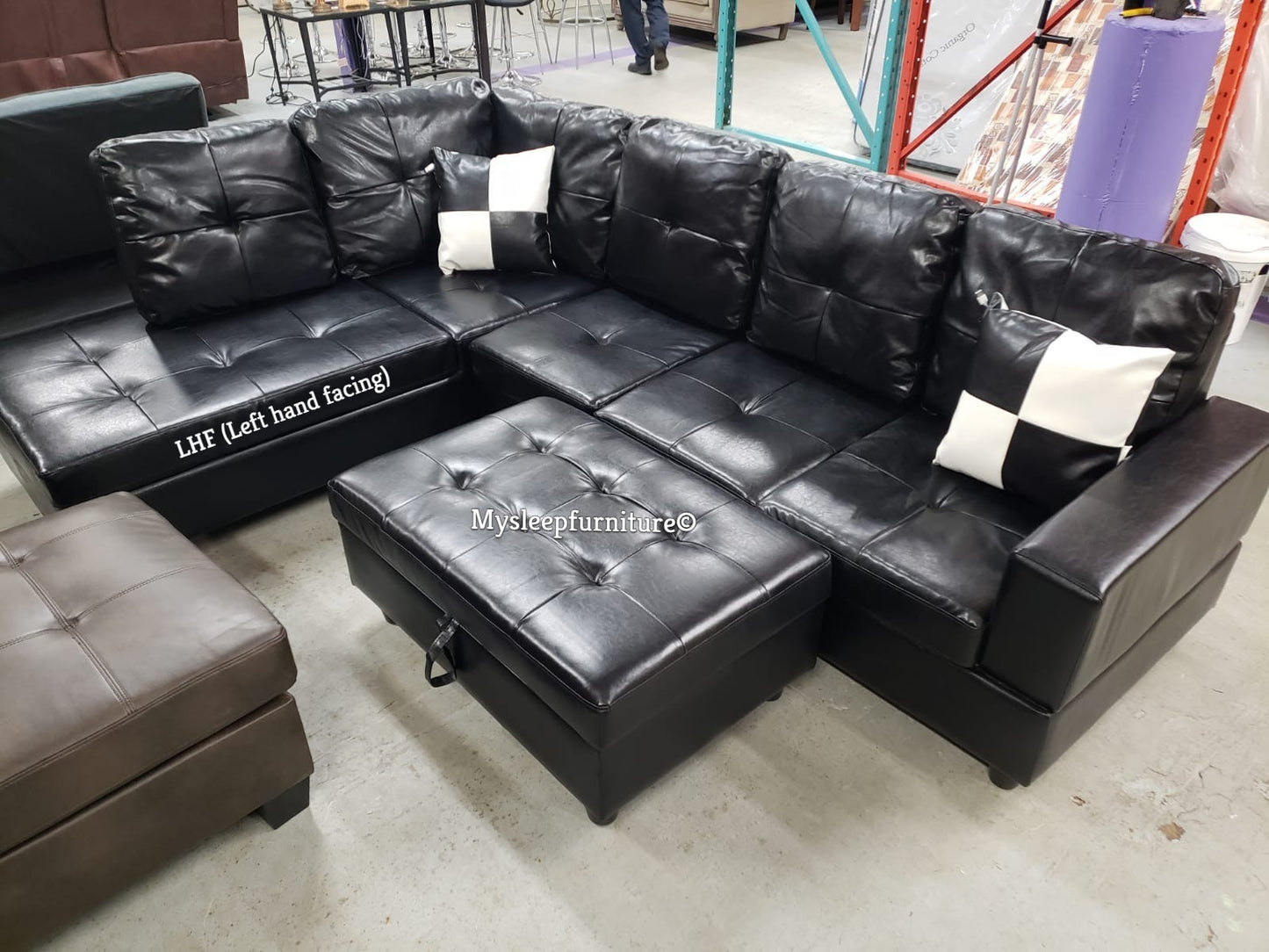 (RITCHIE BLACK LHF)- PU LEATHER- SECTIONAL SOFA- WITH OTTOMAN- WITH MASSAGER PILLOWS