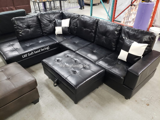 (RITCHIE BLACK LHF)- PU LEATHER- SECTIONAL SOFA- WITH OTTOMAN- WITH MASSAGER PILLOWS