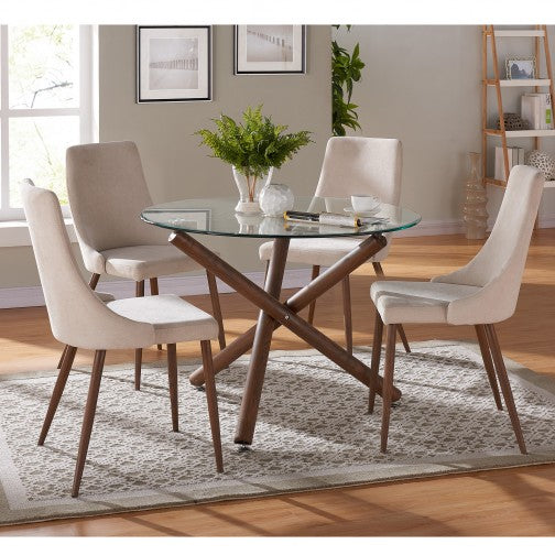 (ROCCA- CORA BEIGE- 5)- 39" ROUND- GLASS DINING TABLE- WITH 4 CHAIRS