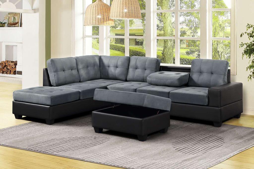 (ROMA GREY)- VELVET FABRIC- REVERSIBLE- SECTIONAL SOFA- WITH STORAGE OTTOMAN