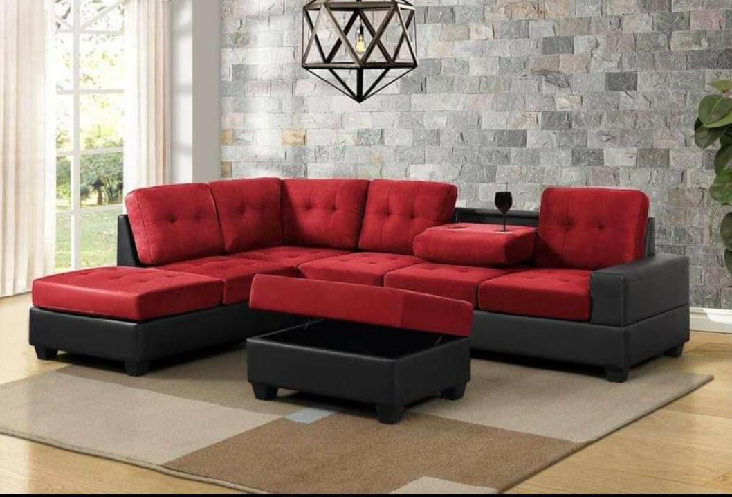 (ROMA RED)- VELVET FABRIC- REVERSIBLE- SECTIONAL SOFA- WITH STORAGE OTTOMAN