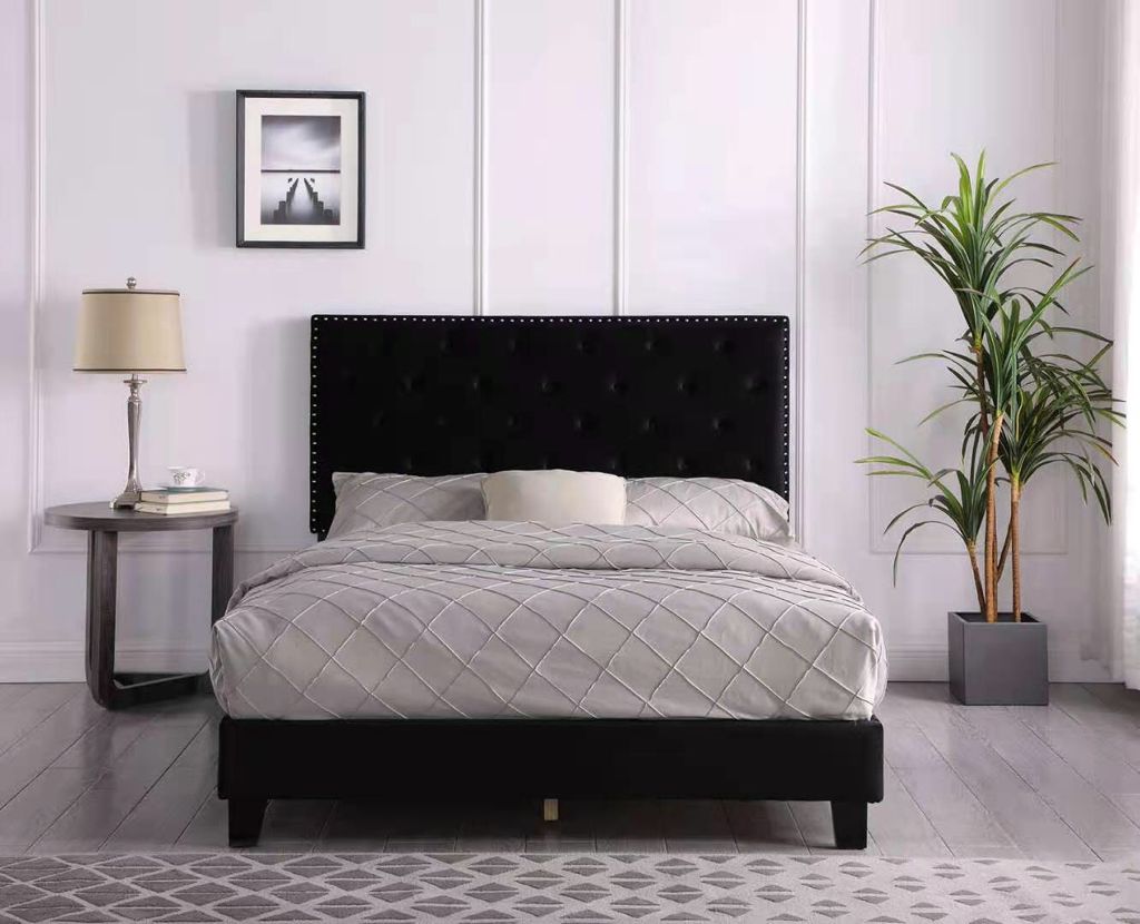KING SIZE- (RUBY BLACK)- VELVET FABRIC- BUTTON TUFTED- BED FRAME- WITH SLATS