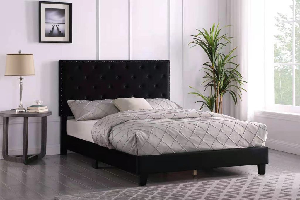 QUEEN SIZE- (RUBY BLACK)- VELVET FABRIC- BUTTON TUFTED- BED FRAME- WITH SLATS