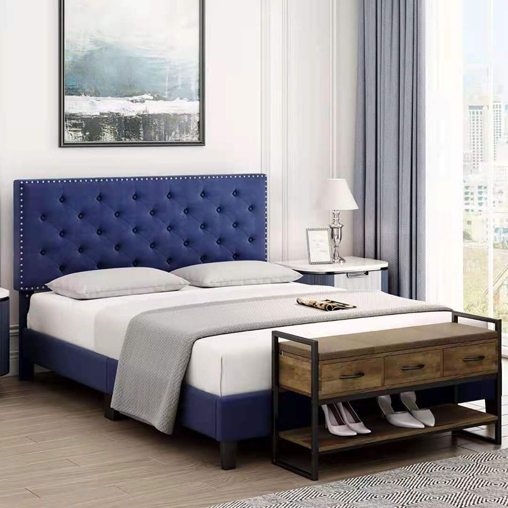 QUEEN SIZE- (RUBY BLUE)- VELVET FABRIC- BUTTON TUFTED- BED FRAME- WITH SLATS