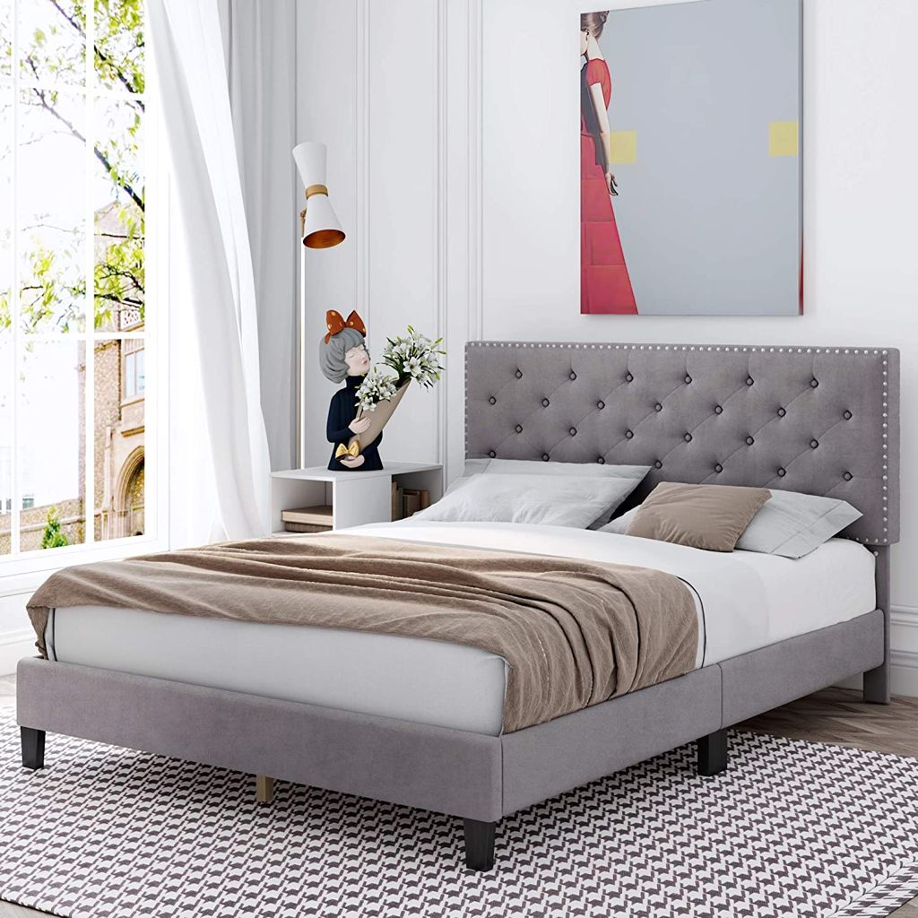 DOUBLE (FULL) SIZE- (RUBY grey)- VELVET FABRIC- BUTTON TUFTED- BED FRAME- WITH SLATS